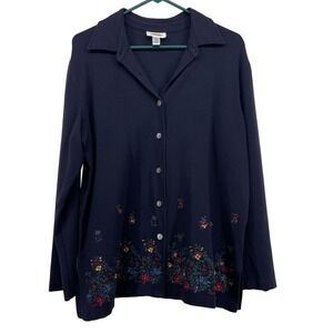 Talbots Women Size L Cardigan Sweater Navy Blue Floral Embroidered Button Up Top